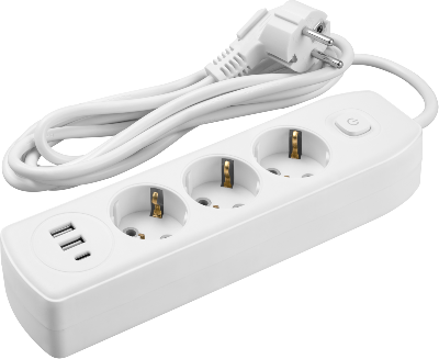 Удлинитель 3х3м с заземл. 10А IP20 90 839 OPE-USB-03-300-ESC-3x1 USB 2xType-A + Type-C с кнопкой ОНЛАЙТ 90839